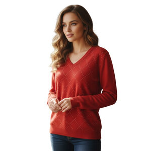 Tommy Hilfiger Sweater Women L Red Studded Diamond V-Neck Pullover Casual Preppy